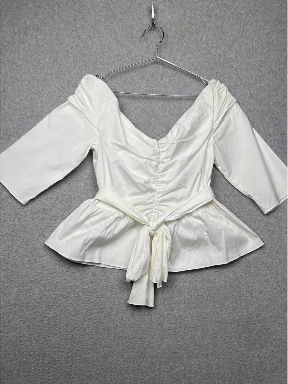 Zara Womens Off Shoulder Puff Sleeve Blouse XL Preppy nautical Minimalist White